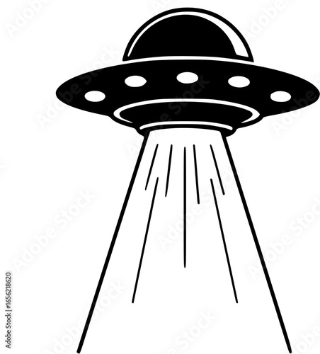 Bold black UFO with glowing beam lights, retro sci-fi vector logo for conspiracy podcasts and alien-themed brands
