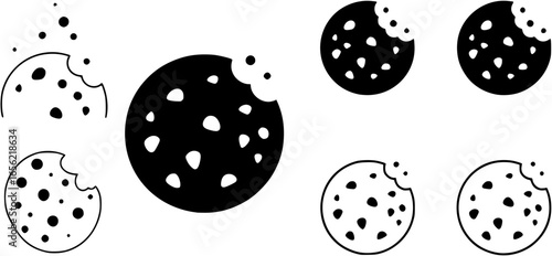 Simple vector logo graphic icon of a round bitten chocolate chip cookie with a missing piece. Food concept
