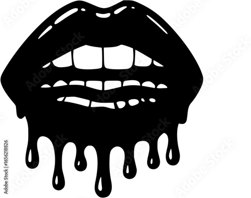 dripping girl lips. Woman bleeding sexy mouth. Melting kiss with lipstick, gloss. Valentines, mothers day logo
