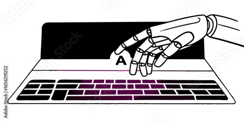 Robotic hand pressing the a key on a laptop with a dark screen and purple keyboard in black and white on transparent background