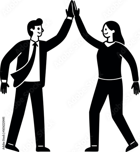 Black and white illustration of a man and a woman doing a highfive