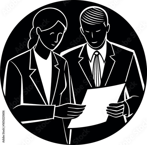 Business professionals reviewing documents together in a simplified black and white design