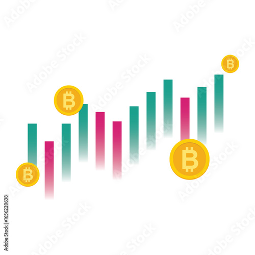 Flat vector of vertical teal magenta bars fading at the bottom with Bitcoin coin icons representing crypto price trend, trading volume, and market growth