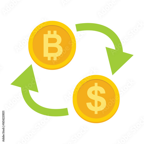Flat vector of Bitcoin and dollar gold coins connected by circular green arrows, illustrating currency exchange, crypto-to-fiat conversion, and money transfer