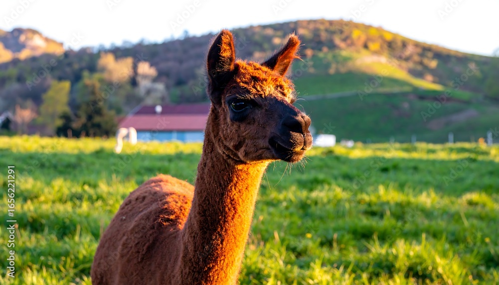 Obraz premium Alpaca in field at sunset