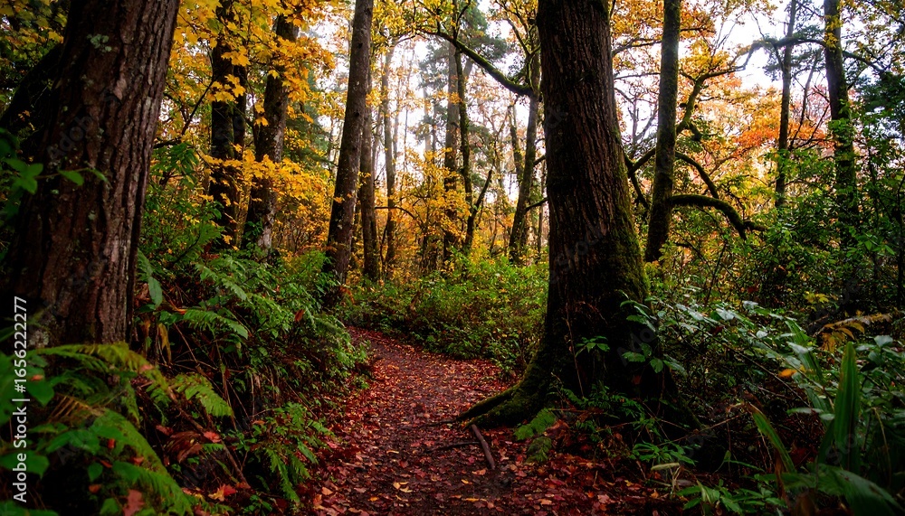 Naklejka premium Autumnal forest path lined with vibrant foliage.