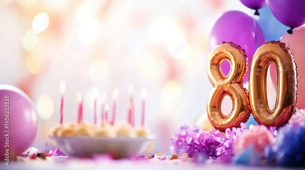 Fototapeta premium Celebration of a joyful 80th birthday with vibrant decorations and cake