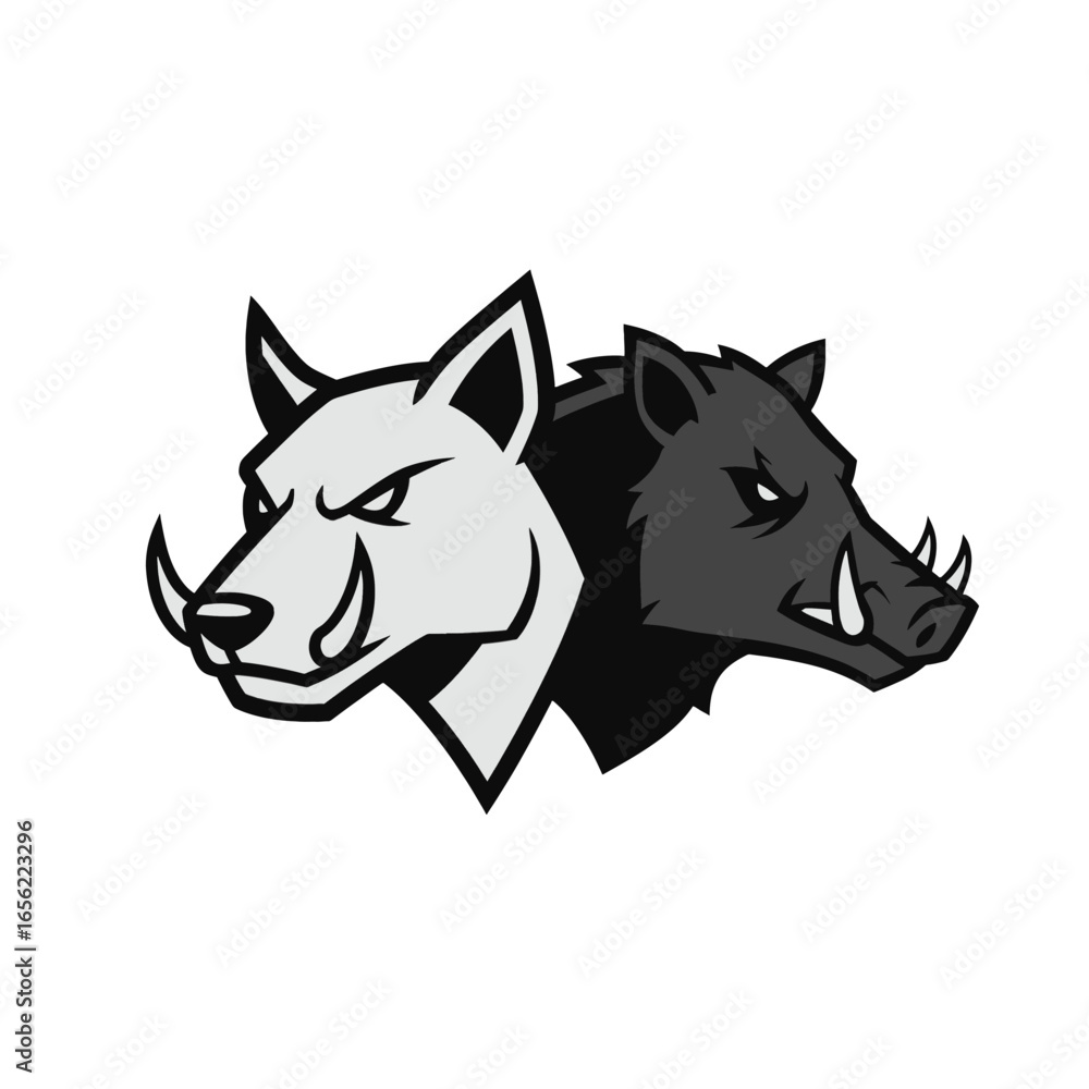 Obraz premium Vector illustration of two fierce wild boar heads as a mascot emblem. Black and white hog characters facing opposite directions symbolize duality and power.