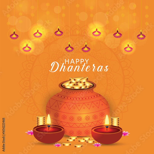 Wallpaper Mural Happy Dhanteras poster template design with gold coin in pot and decorative diya lamp Torontodigital.ca