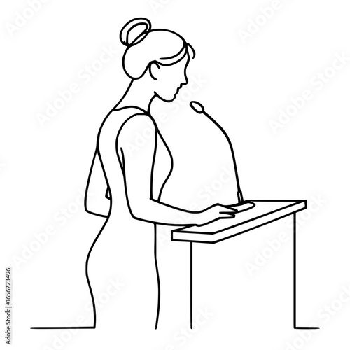 Confident woman delivering professional presentation at podium, powerful speaker silhouette in line art style