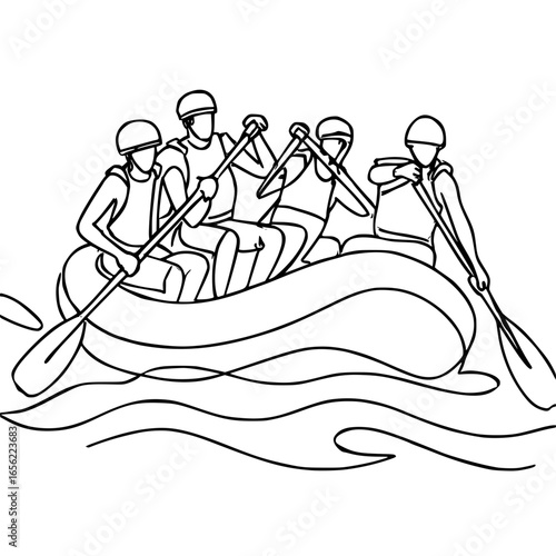 Dynamic team paddles together through exciting whitewater rapids on an adventure adventure.