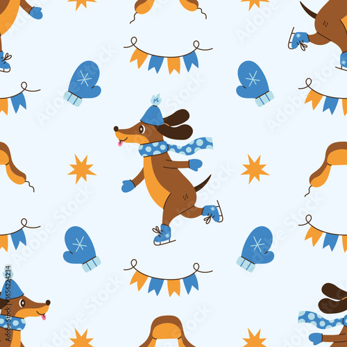 Dog Ice Skating Winter Seamless Pattern. Happy Dachshund Wintertime sports activity background with cute animal garland mittens hat and stars. Flat vector illustration