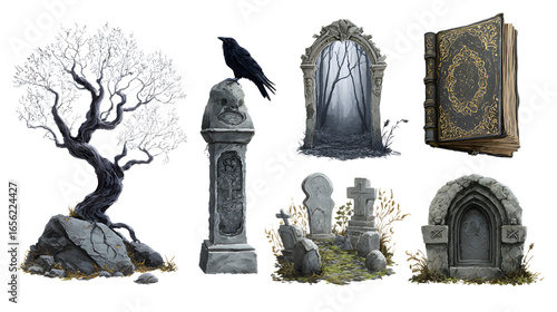 Halloween spooky graveyard elements with tombstones, crow, eerie tree, and old mysterious book perfect for horror and fantasy designs