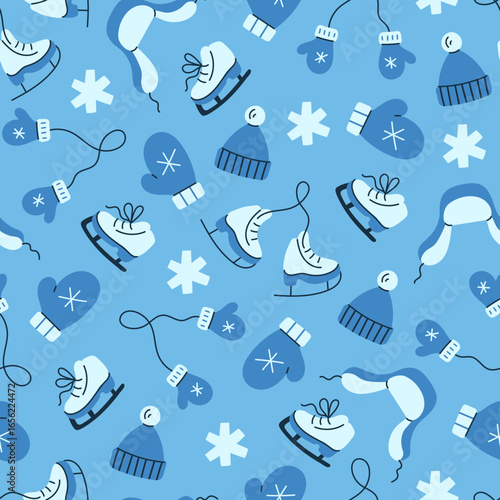 Winter Activity Accessories Seamless Pattern. Hand drawn Wintertime Sport Ice Skating Background with Mittens Hat Skate Shoe Snowflakes. Playful Flat vector illustration