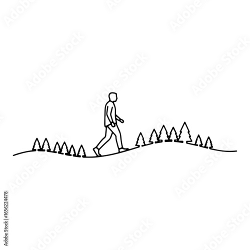 A straight line illustration of a hiker on a mountain; perfect for travel postcards, banners, or t-shirt prints.