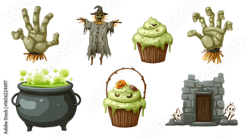 Halloween spooky set with zombie hands, scarecrow, cupcakes, bubbling cauldron, and haunted house illustration, perfect for Halloween party designs