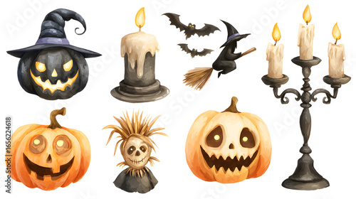 Hand-drawn Halloween icons including jack-o-lanterns, candles, witch hat, broomstick, bats, and candelabra, perfect for spooky-themed designs