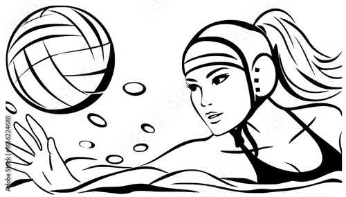 Female athlete in action, diving to catch a water polo ball, showcasing determination and skill in a dynamic aquatic environment with splashes of water