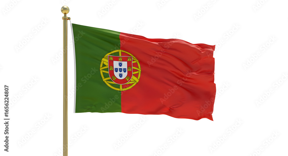 Fototapeta premium Portugal national flag waving on flagpole isolated on white background, symbol of Portuguese identity and patriotism