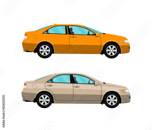 Two passenger cars in flat design. Concept of transportation, vehicle, and urban travel. Illustration for automotive graphic.