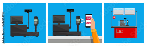 Set of supermarket cash registers. Cashier counter with goods scale and barcode reader. Wireless payment via smartphone. Retail business concept collection.