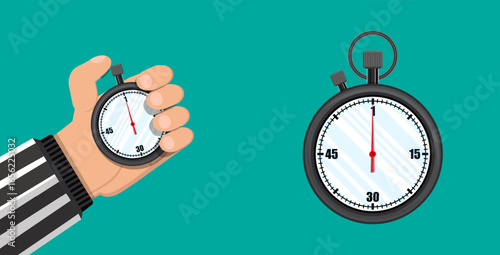 Man hand holding stopwatch. Stop watch icon. Time management and timing concept. Sport, running and deadline illustration.
