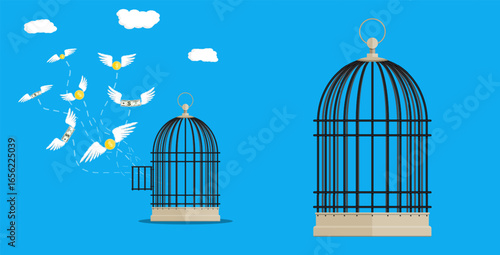Flying money with wings escaping an open bird cage and a closed cage on a sky blue background. Financial freedom and income concept.
