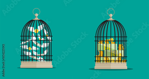 Bird cages depicting financial freedom and trapped wealth via flying money and stacks of cash respectively for business concept.