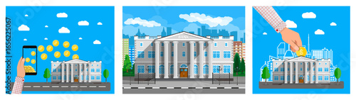 Collection of financial illustrations including a bank building, a hand holding a phone, and a hand putting a coin into a bank.