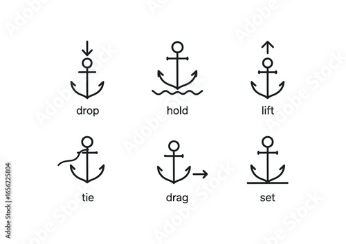 simple outline stroke icon items monoline icons style isolated on white background anchor (uses): drop hold lift tie drag set