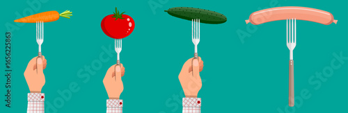 Man hand holding fork with food. Choice of healthy and unhealthy food. Vegetarian versus meat concept. Diet decision.