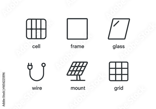 simple outline stroke icon items monoline icons style isolated on white background solar panel (parts): cell frame glass wire mount grid