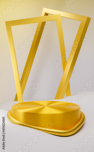 Luxury Gold Circular Pedestal for Product Presentation, 3D Rendering of a Golden Product Stand. Golden Geometric Display Stand with Square Frames.