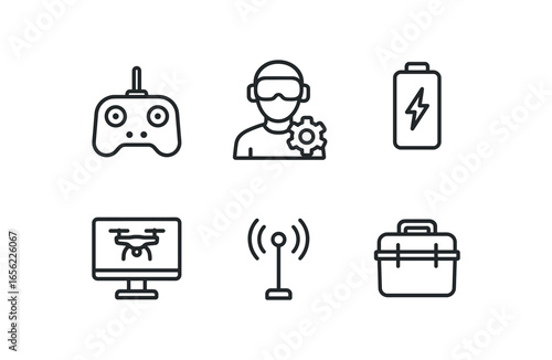 simple outline stroke icon items monoline icons style isolated on white background drone operator (gear): controller headset battery screen antenna case. simple outline stroke icon items