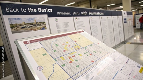Informative exhibition display featuring maps and text explanations on urban refinement concepts