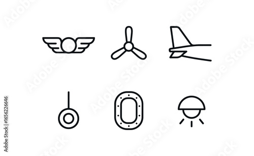 simple outline stroke icon items monoline icons style isolated on white background pilot (aircraft): wing prop tail wheel hatch light