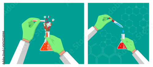 Scientist making chemical experiment. Hand pouring liquid into flask, creating reaction. Science and research concept.