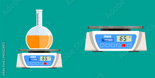 Electronic laboratory scale with a flask and the same empty scale. Chemical experiment measurement equipment for science analysis.