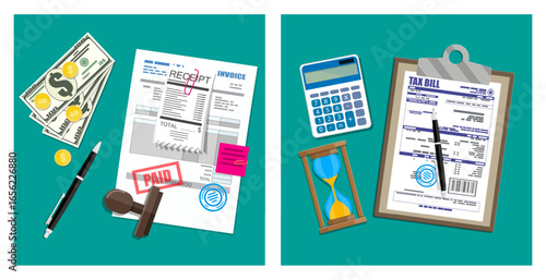 Financial documents and accessories for accounting. Business and commerce concept with invoice, receipt, money, and tax bill for budget.