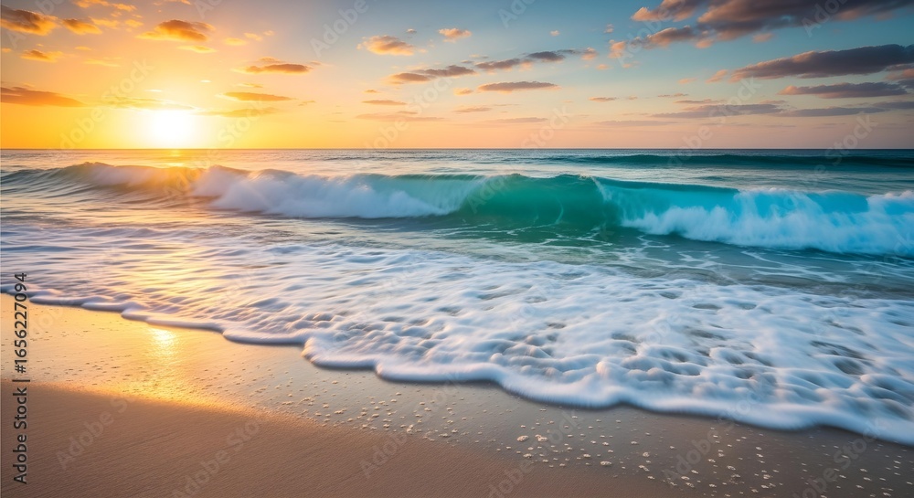 Obraz premium A breathtaking sunrise illuminates the ocean as a gentle turquoise wave washes onto the golden sandy beach.
