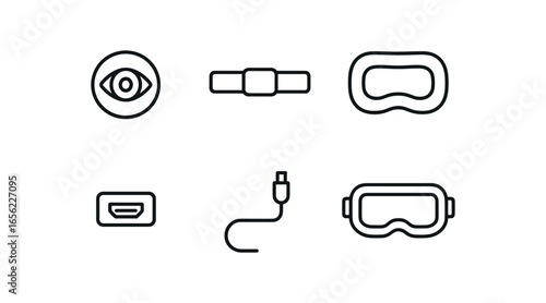 simple outline stroke icon items monoline icons style isolated on white background VR headset (parts): lens strap pad port cable frame