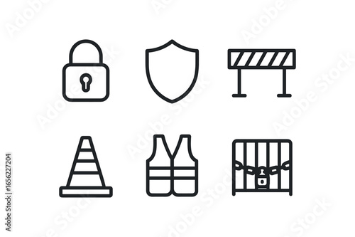 simple outline stroke icon items monoline icons style isolated on white background safety (objects): lock shield rail cone vest gate