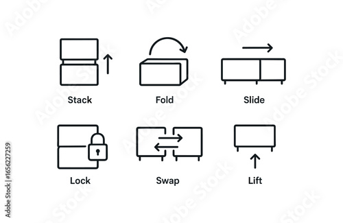 simple outline stroke icon items monoline icons style isolated on white background modular furniture (actions): stack fold slide lock swap lift