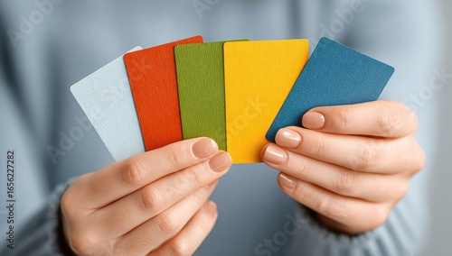 Hands holding assorted colored credit cards