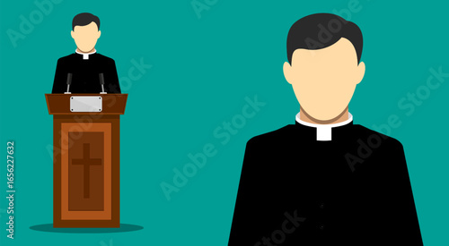 Male priest giving a sermon at a church altar or lectern. Preacher delivering a homily or religious speech. Spiritual guidance and worship concept.