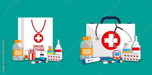 Medical flat style illustration for drugstore and health care concept. First aid kit with medicine, pills, and thermometer for wellness.