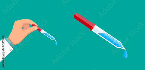 Doctor hand holding medical dropper. Pipette with liquid drop. Pharmacy, chemistry, laboratory research, medicine, experiment concept for health care.