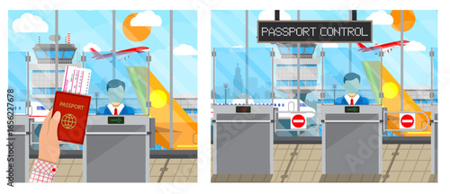 Man holding a passport and boarding pass at the passport control gate in an airport for international travel.