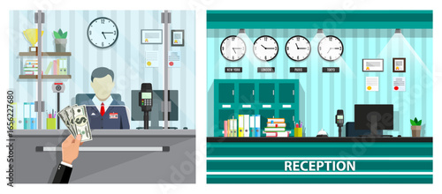 Man with money at bank counter illustration. Bank operation service. Financial transaction concept for web banner. Payment process.