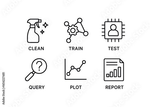 simple outline stroke icon items monoline icons style isolated on white background data scientist (tasks): clean train test query plot report